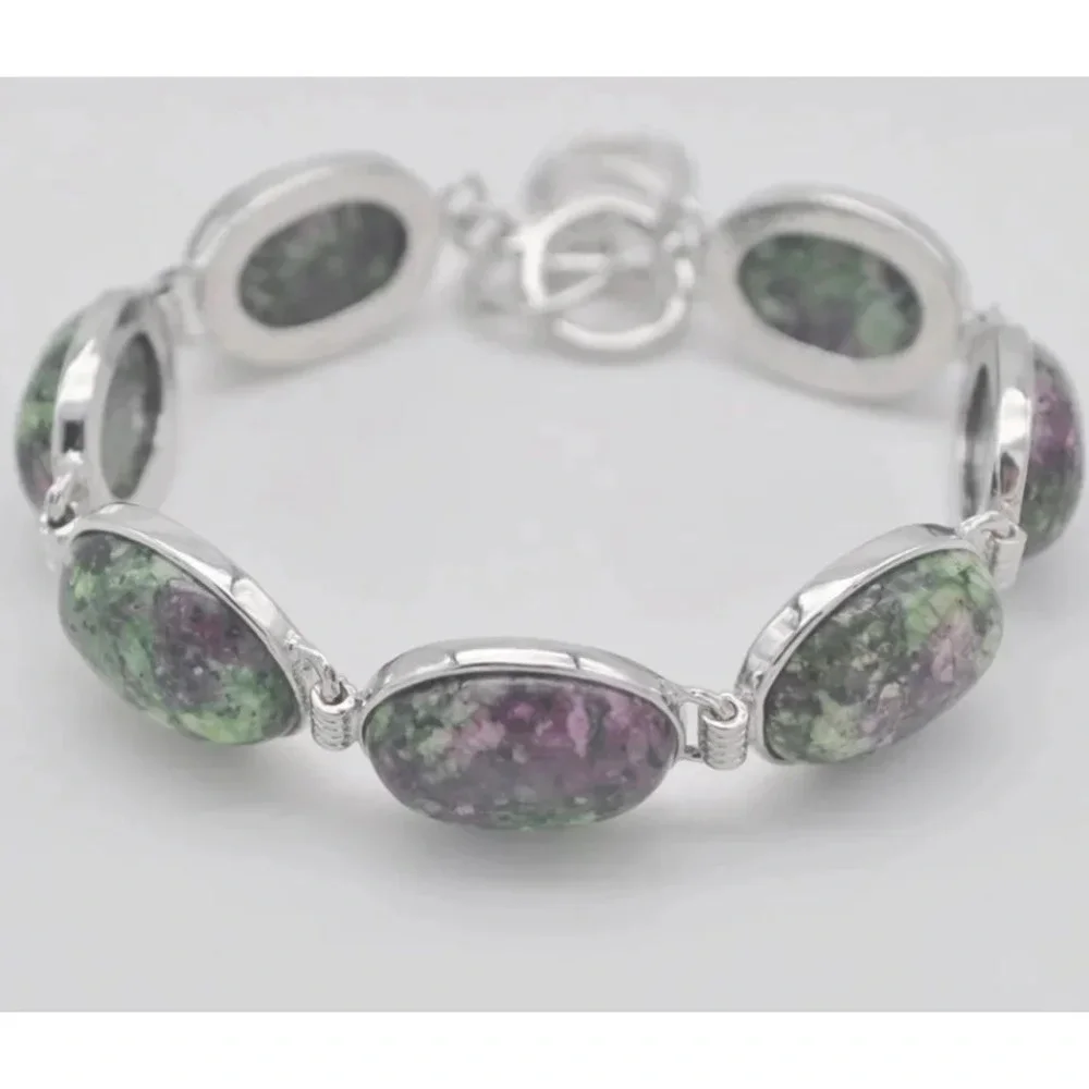 Women's Pink Green‎ Zoisite Gemstone Sterling Silver Bracelet Adjustable